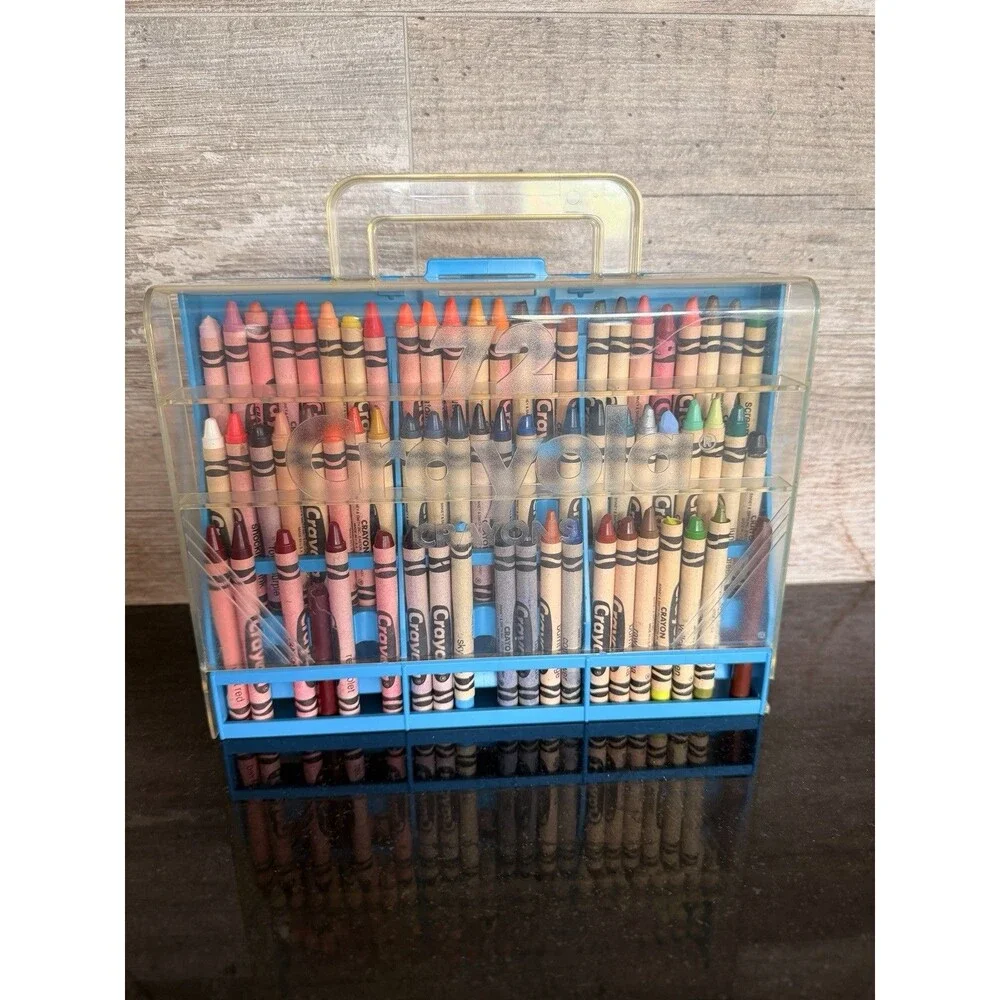 Vintage 72 Crayola Crayon Holder Storage Carrying Case Plastic BLUE w/ sharpener